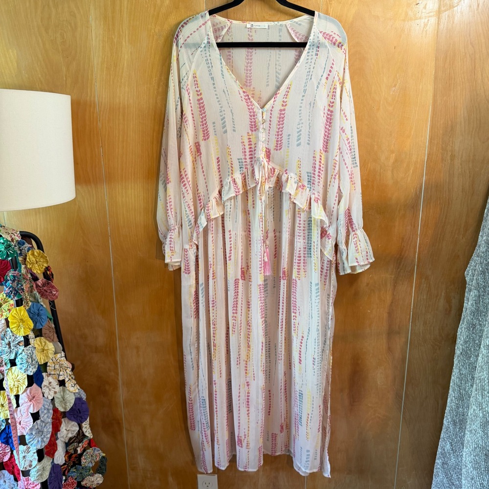 CUPSHE Pastel Stripe‎ V-Neck Maxi Dress Long Sleeve Boho Ruffle Tassel Large